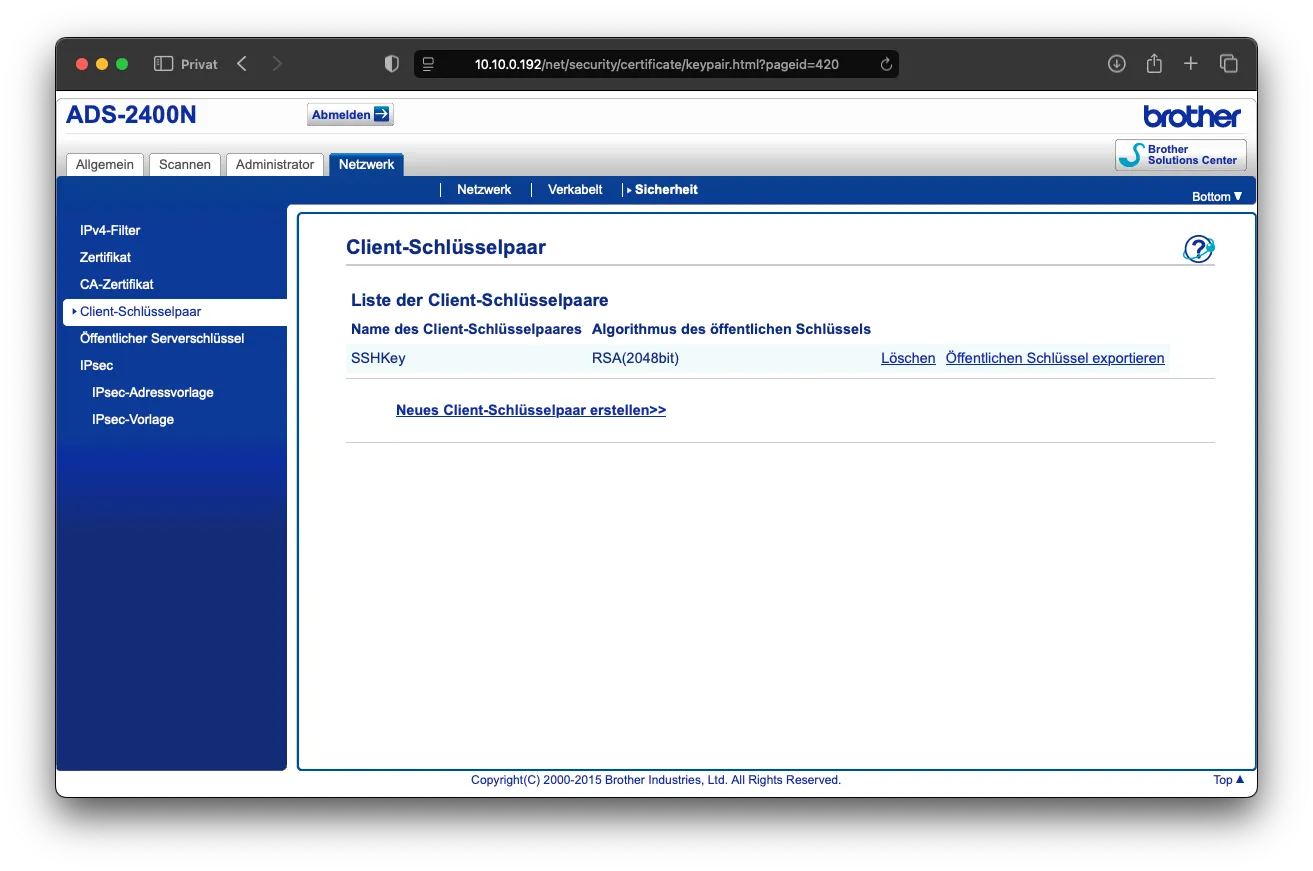 Erstellung eines RSA-2048-Bit-Schlüsselpaars in der Brother Web-Oberfläche