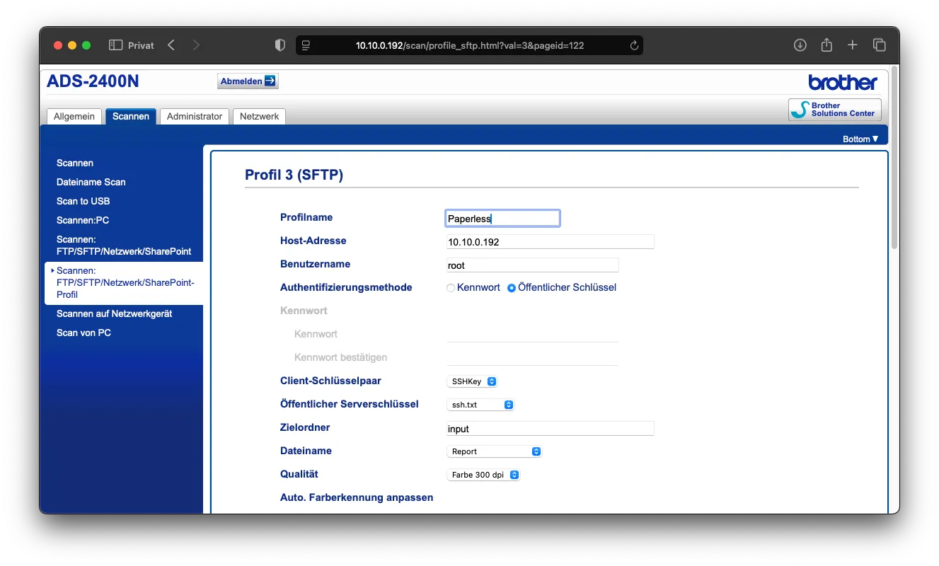 SFTP-Einstellungen auf dem Scanner